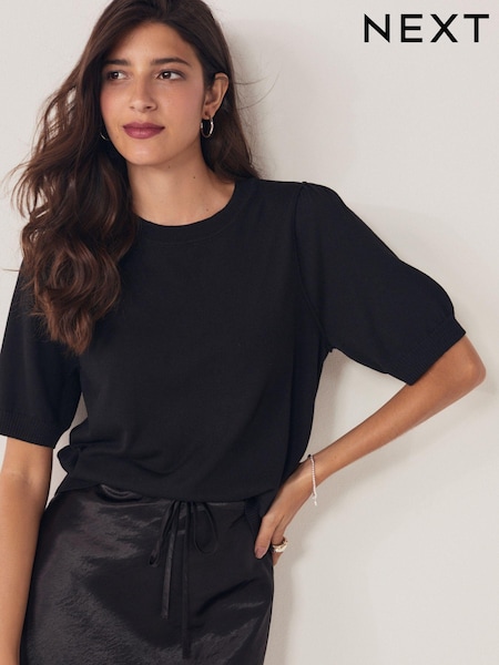 Black Crew Neck Short Sleeve Knitted Top (977754) | 50 QAR