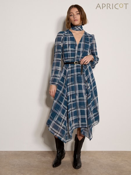 Синій - Apricot Check Crepe Midi Dress