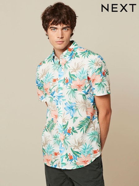 White 100% Cotton Printed Floral Short Sleeve Oxford Shirt (977803) | €12