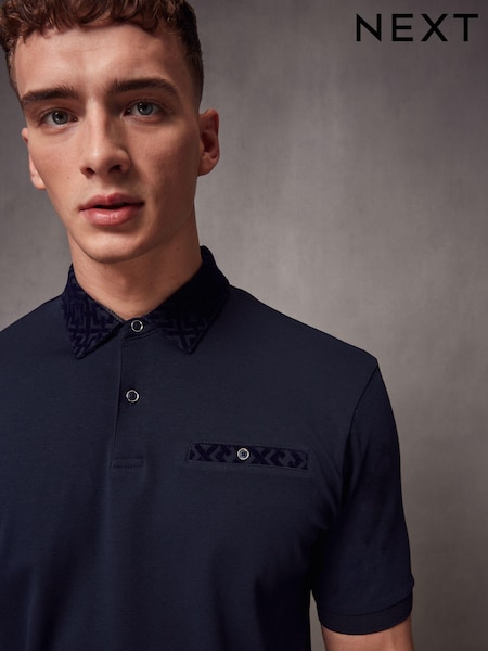 Navy Flocked 100% Cotton Short Sleeve Smart Collar Polo Shirt (978344) | €15.50