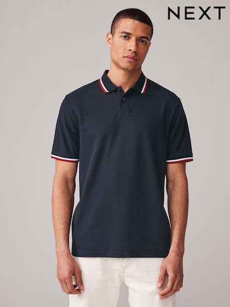 أزرق كحلي/أحمر/أبيض - Regular Fit Short Sleeve Tipped Polo Shirt (978377) | ‏109 د.إ.‏