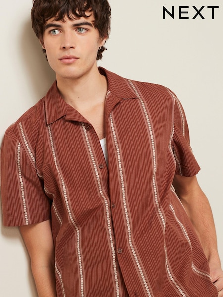 Brown Textured Stripe Short Sleeve Cuban Collar Shirt (978436) | €16