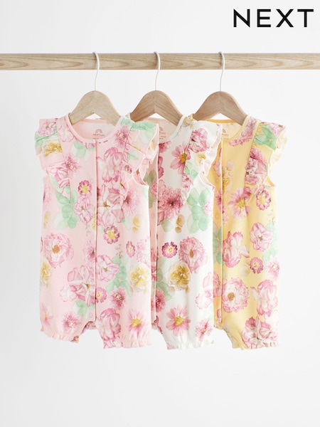 Pink Yellow Floral Baby 100% Cotton Rompers 3 Pack (978515) | €10 - €12.50