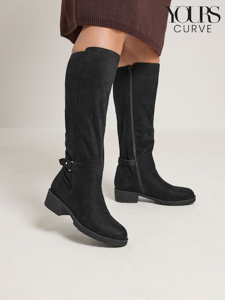 Negro - Botas altas hasta la rodilla con hebilla elástica Yours Curve