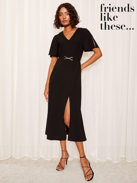 Friends Like These Black Short Tulip Sleeve Ruched Body Midi Dress (979107) | 233 QAR