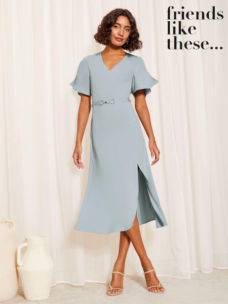 Friends Like These Navy Blue Short Tulip Sleeve Ruched Body Midi Dress (979168) | 116 QAR