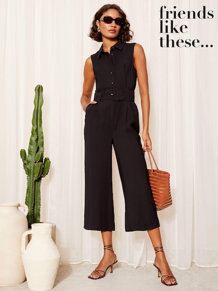 Schwarz - Friends Like These Ärmellos Utility Jumpsuit mit Knopfleiste vorne und Krawatte in der Taille (979175) | 35 €