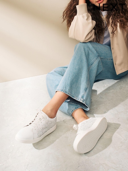 White Signature Leather Weave Lace-Up Trainers (979229) | AED115