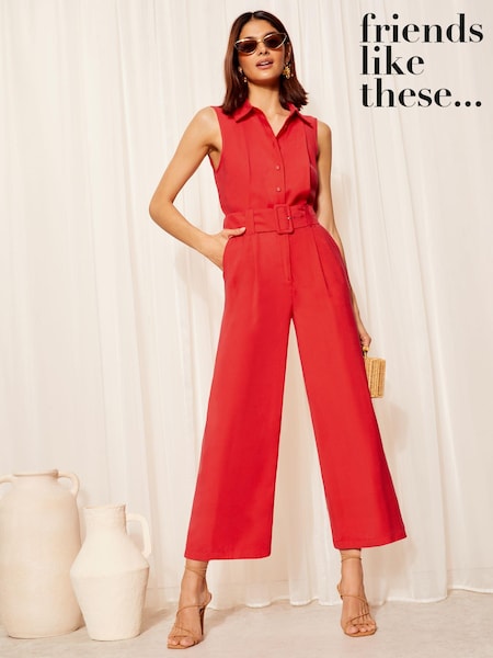 Rot - Friends Like These Ärmellos Utility Jumpsuit mit Knopfleiste vorne und Krawatte in der Taille (979244) | 35 €