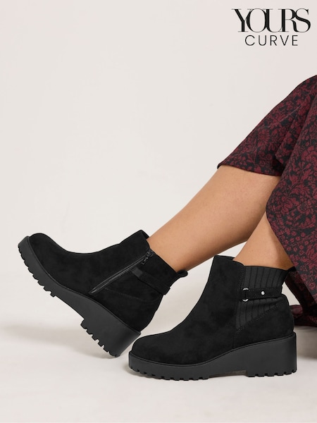 Negro - Yours Curve Buckle Detail Wedge Heel Boots In Extra Wide Eee Fit