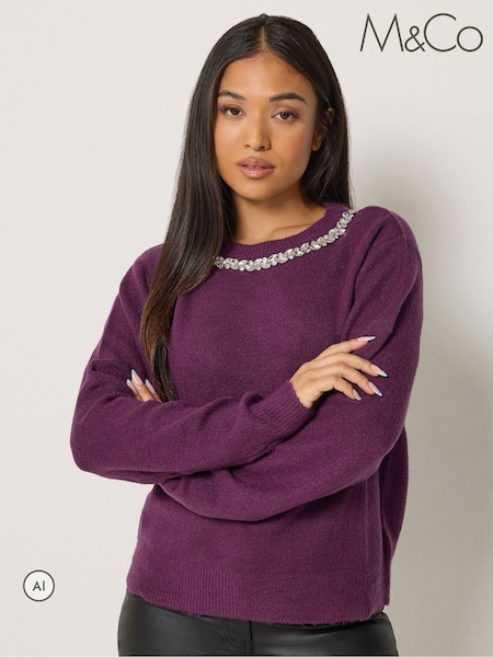 Purple - M&co Petite Diamond Trim Jumper