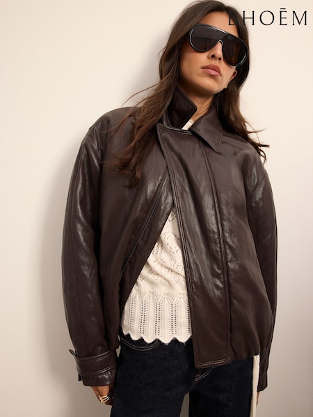 Brown - Faux Leather Padded Shirt Collar Bomber Jacket
