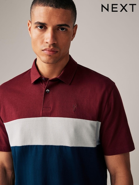 Burgundy Red/Navy 100% Cotton Short Sleeve Button Up Block Polo Shirt (979750) | €20