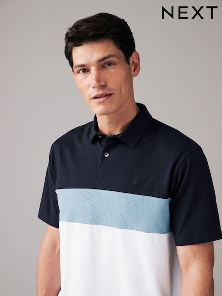 Blue/White 100% Cotton Short Sleeve Button Up Block Polo Shirt (979878) | €20