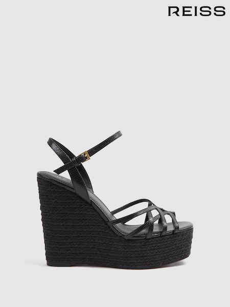 Reiss Black Elle Leather Raffia Platform Wedge Heels (980012) | €273