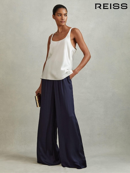 Reiss Navy Yara Satin Elasticated Waist Wide Leg Trousers (980145) | AED850