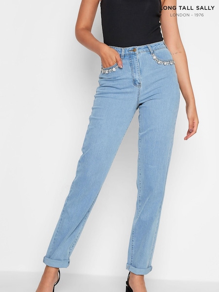 Long Tall Sally Blue Diamante Embellished Pocket UNA Stretch Mom Jeans (980207) | €18.50