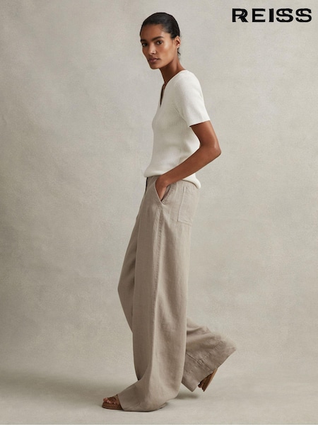 Reiss Light Khaki Demi Linen Wide Leg Garment Dyed Trousers (980239) | AED1,080