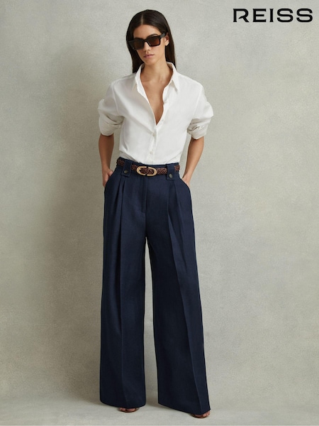 Reiss Navy Leila Linen Front Pleat Trousers (980316) | €245
