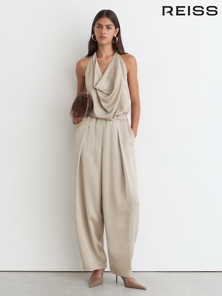 Champagne Neutral - Reiss Dia Jacquard Pleated Tapered Trousers