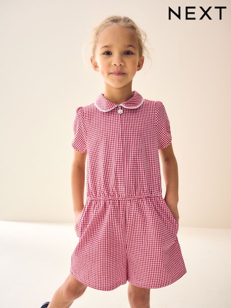 Red Zip Front Cotton Rich Gingham School Playsuit (3-14yrs) (980521) | AED41 - AED66