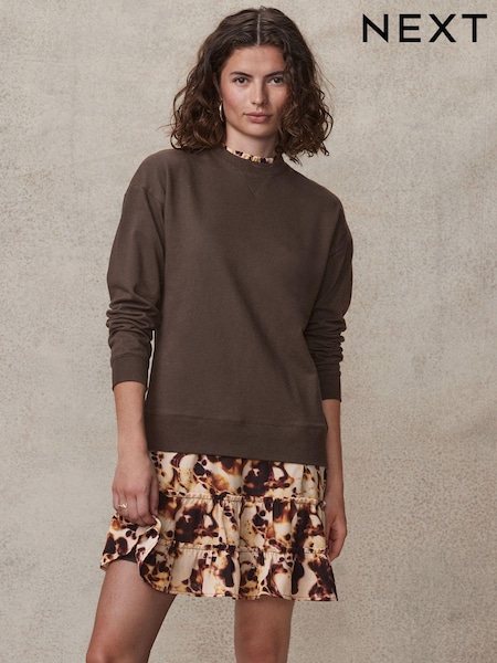 Chocolate Brown Swirl Long Sleeve Printed Layered Sweatshirt Dress (980613) | AED100