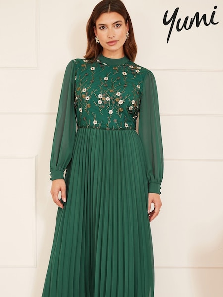 Yumi Green Embroidered Long Sleeve Pleated Midi Dress (980792) | €42