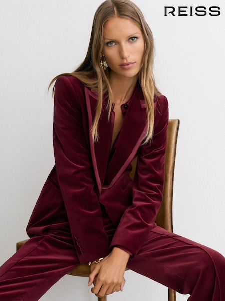Dark Red - Reiss Wren Velvet Satin-trim Single-breasted Suit Blazer