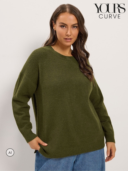 Dark Green - Yours Curve Crew Neck Soft Touch Jumper