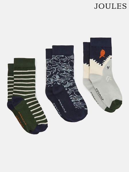 Joules Boys' Neat Feet Green/Navy 3 Pack Socks (982192) | €10.50
