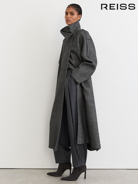 Dark Grey - Reiss Martina Wool-blend Herringbone Long Trench Coat