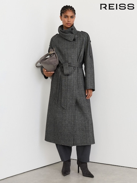 Tmavě šedá - Reiss Martina Wool-blend Herringbone Long Trench Coat