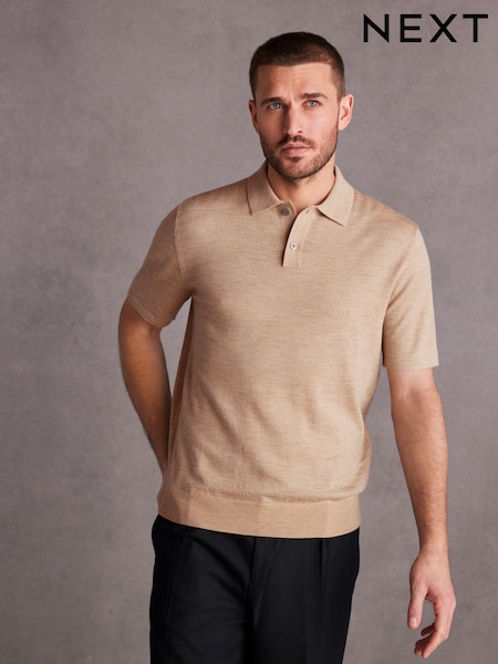 Neutral Knitted Signature Merino Wool Regular Fit Polo Shirt (982651) | €8