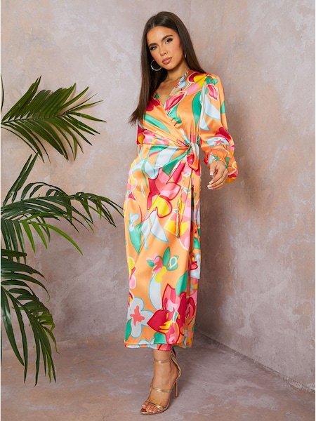 Chi Chi London Orange Long Sleeve Floral Wrap Shirt Dress (982693) | € 66