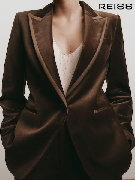 Mocha Brown - Reiss Wren Velvet Satin-trim Single-breasted Suit Blazer