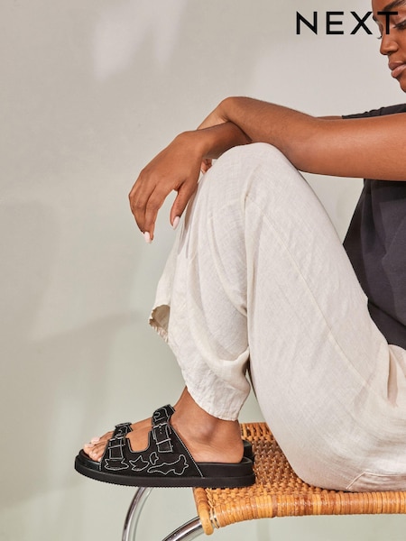 Black Leather Western Footbed Sandals (983361) | €9