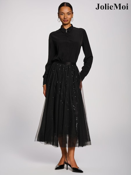 Black - Jolie Moi Sequin Mesh Multi Layered Maxi Skirt