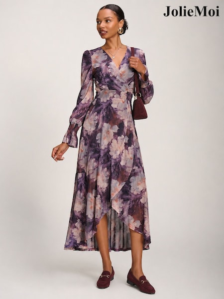 Пурпурный - Jolie Moi Printed Frill Mesh Maxi Dress