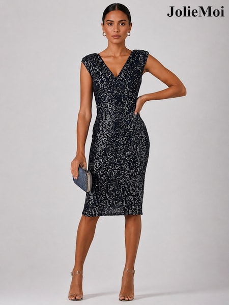Blue - Jolie Moi Sequin Wrap Bodice Shoulder Pad Midi Dress