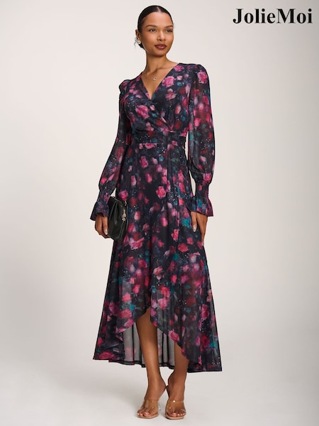Розовый - Jolie Moi Printed Frill Mesh Maxi Dress