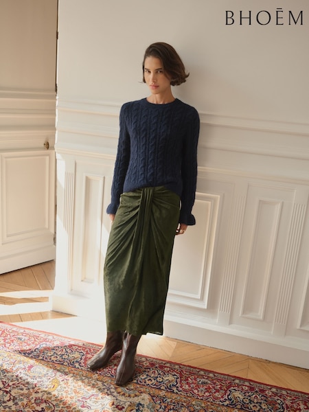 Khaki Green - Satin Jacquard Midi Draped Skirt With Knot Detail
