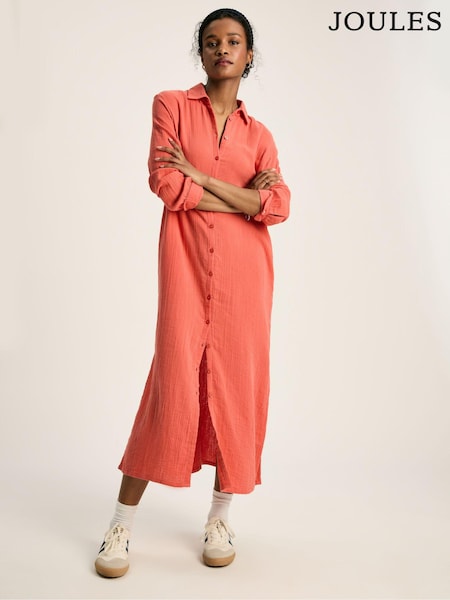 Joules Erica Coral Pink Button Through Cotton Shirt Dress (985719) | €50