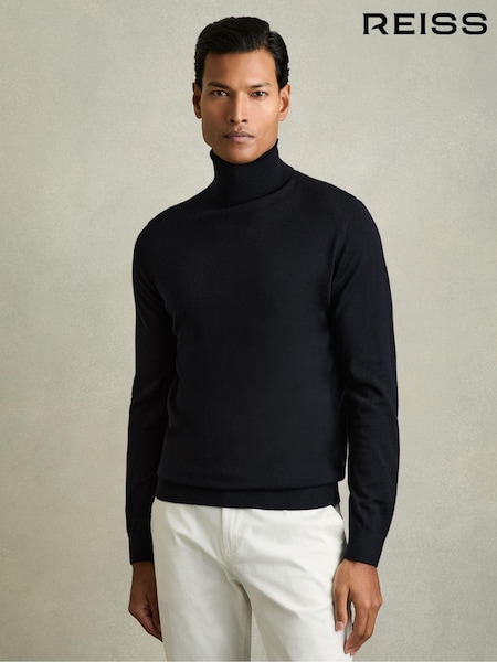 Reiss Navy Caine Slim Fit Merino Wool Roll Neck Jumper (986266) | 720 QAR