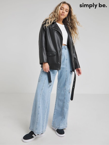 Simply Be Black Oversized Belted Biker Jacket (986341) | €31