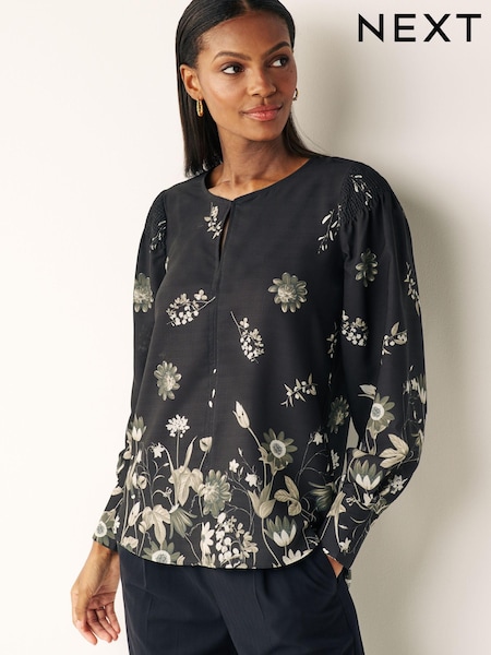 Black Floral Ground Long Sleeve Keyhole Blouse (986417) | € 11