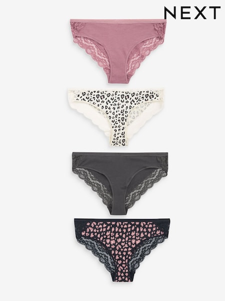 Black/Grey/Cream/Pink Printed Bikini Cotton and Lace Knickers 4 Pack (986837) | €10