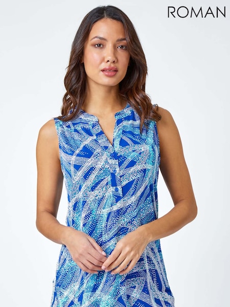 Roman Blue Textured Spot Print Sleeveless Stretch Top (987890) | R$ 385