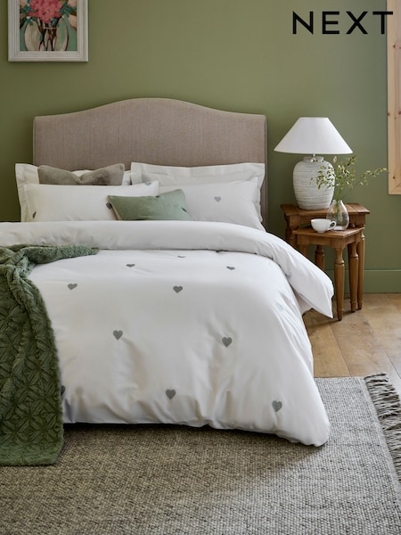White With Silver Hearts Embroidered Duvet Cover and Pillowcase Set (989830) | $64 - $112