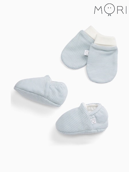 Blue - Mori Blue Stripe Supersoft Baby Booties & Mittens Set
