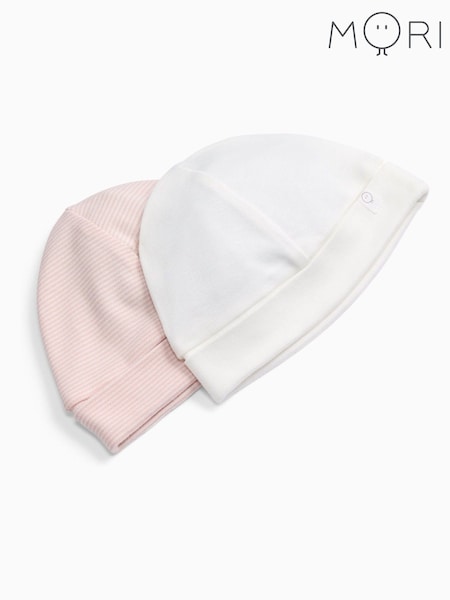 Pink - Mori White & Blush Stripe Supersoft Baby Hats 2 Pack
